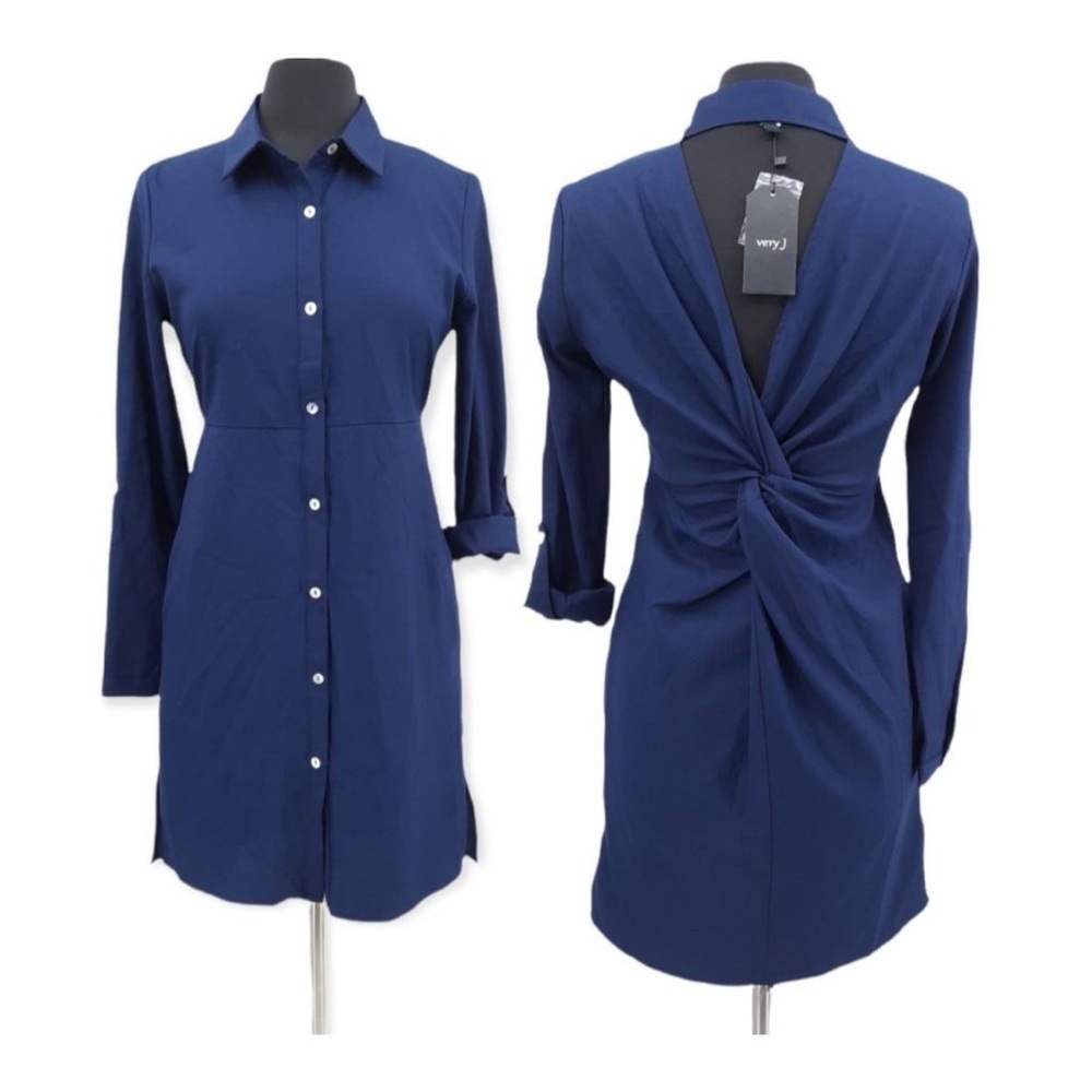 Size Small Very J Navy Mini Shirt Dress Back Twist Cutout Roll Tab Sleeves NWT